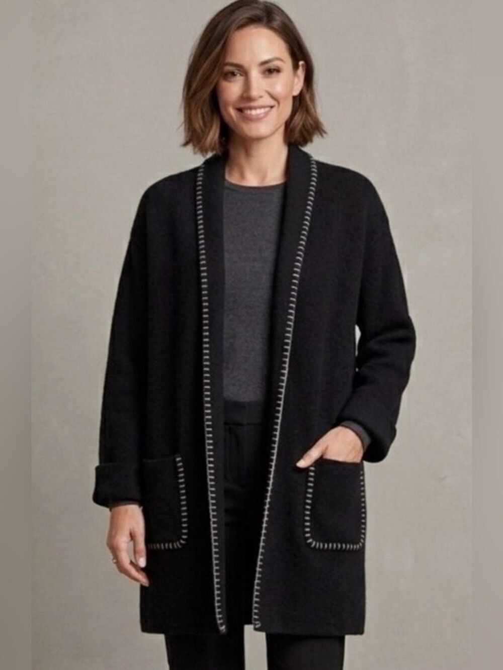 Magaschoni Knit Longline Cardigan Contrast Stitching Women Large Black Luxurious